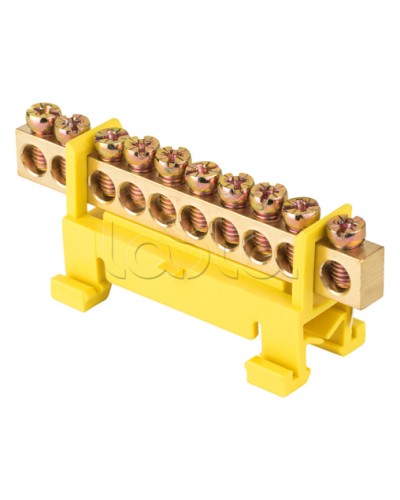 Шина 0 PE (6х9мм) 10 отверстий латунь желтый изолятор тип Стойка на DIN-рейку EKF PROxima (sn0-63-10-sy) в Липецке Клеммные колодки Pintop.ru