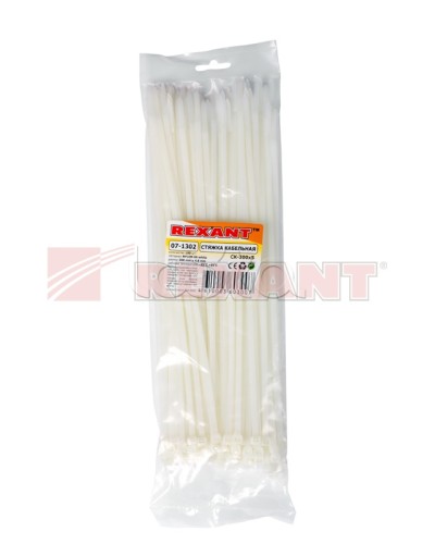 Хомут-стяжка нейлоновый 5х300 мм белый (100шт/уп) REXANT 07-1302 в Липецке Стяжки-хомуты Pintop.ru