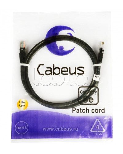 Патч-корд 2xRJ-45/8P8C U/UTP кат.5е (2 м) Cabeus PC-UTP-RJ45-CAT.5E-2M-BK в Липецке Патчкорды (медные) Pintop.ru