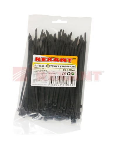 Хомут-стяжка нейлоновый 4х150 мм чёрный (100шт/уп) REXANT 07-0151-4 в Липецке Стяжки-хомуты Pintop.ru