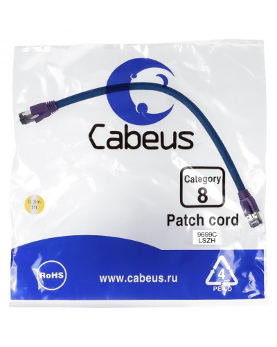 Патч-корд S/FTP Cabeus PC-SSTP-RJ45-Cat.8-0.3m-LSZH в Липецке Патчкорды (медные) Pintop.ru