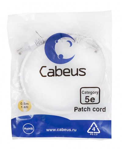 Патч-корд медный U/UTP кат.5е (0,5м) LSZH (белый) Cabeus (PC-UTP-RJ45-Cat.5e-0.5m-WH-LSZH) в Липецке Патчкорды (медные) Pintop.ru