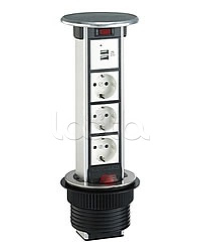 Блок розеточный встраеваемый в стол, 4 поста (45х45) IP54, с выключателем нагрузки (алюм+латунь) Экопласт 70344 в Липецке Блоки розеток Pintop.ru